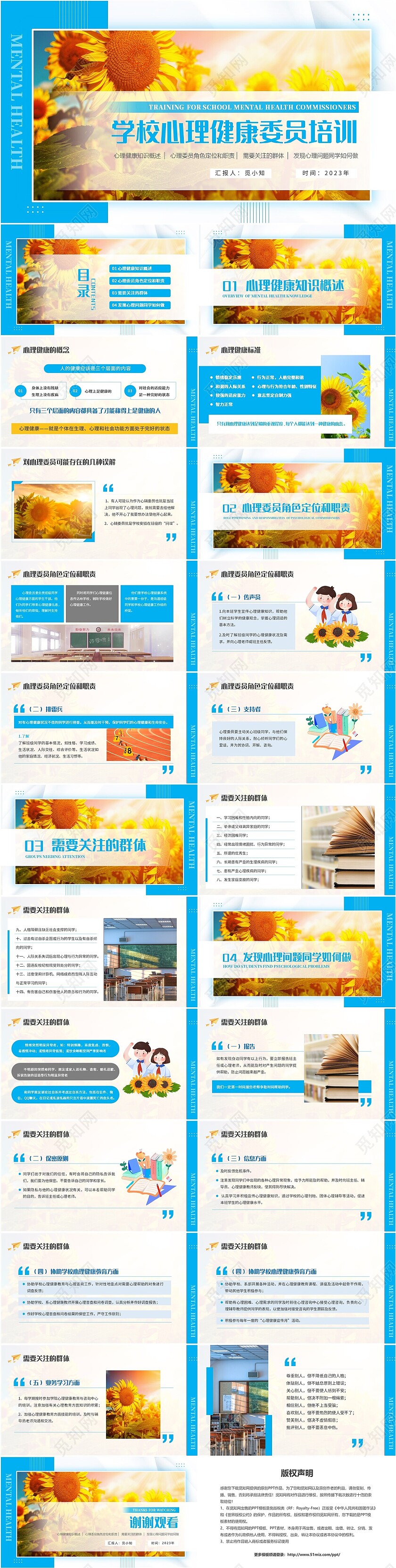 蓝色清新简约商务小学心理委员培训教育教学ppt模板教师培训