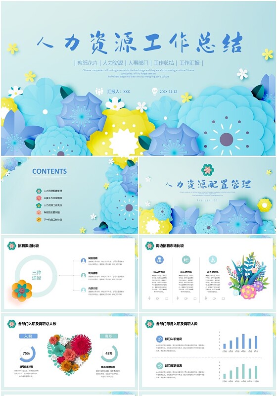 小清新剪纸花卉人力资源工作总结工作汇报PPT人力资源工作汇报