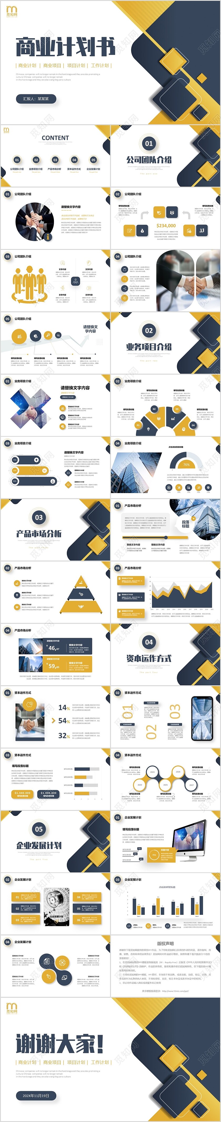 蓝黄色极简微立体形状商务风商业项目计划书PPT商业计划书