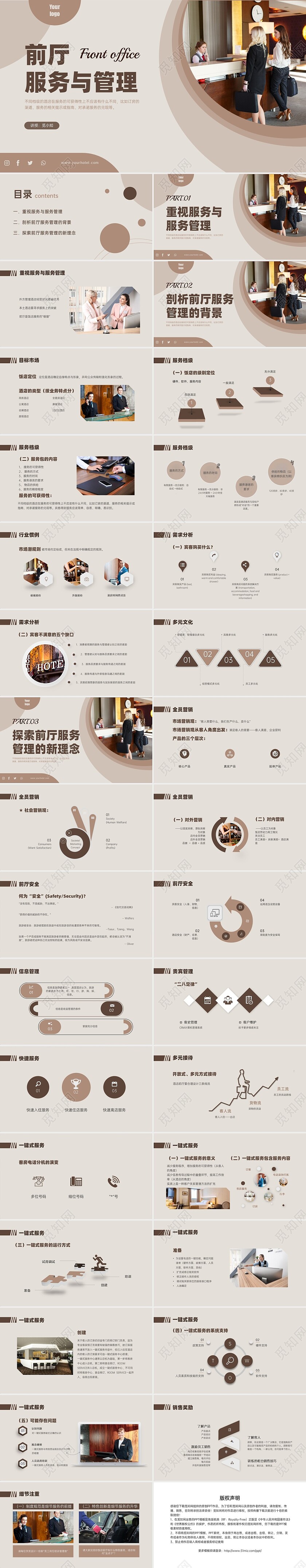 灰褐色莫兰迪风格前厅服务与管理培训PPT模板酒店管理