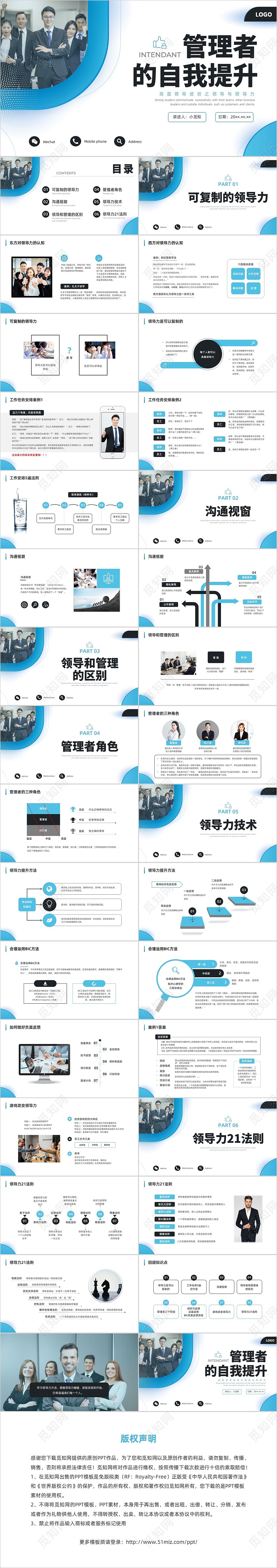 蓝色水彩简约商务可复制的领导力企业培训PPT团队