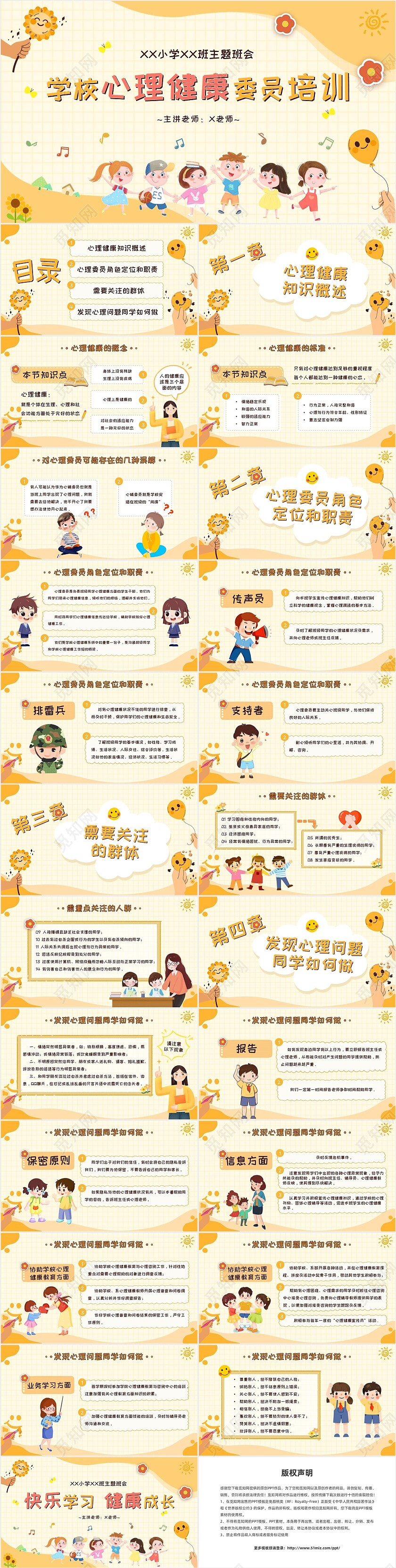 黄色卡通可爱学校心理健康培训主题班会PPT模板课件教师培训