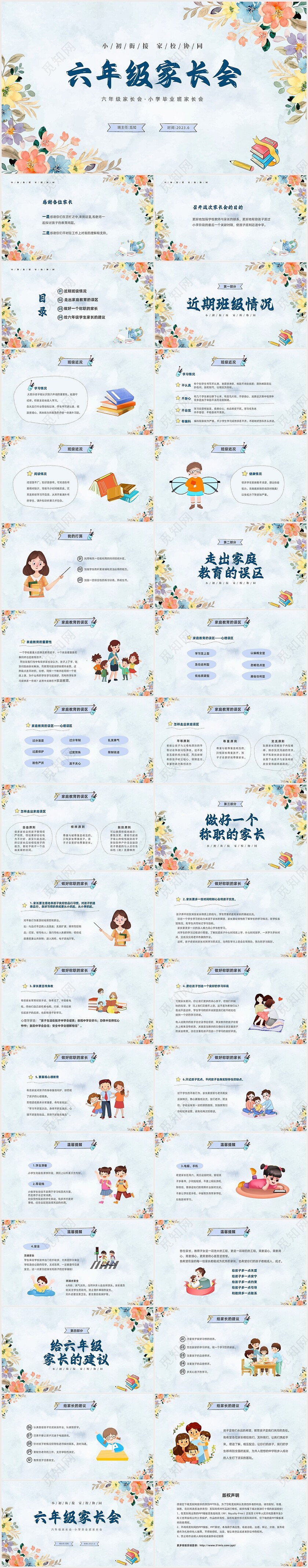 清新水彩手绘花卉卡通儿童六年级期中期末家长会PPT
