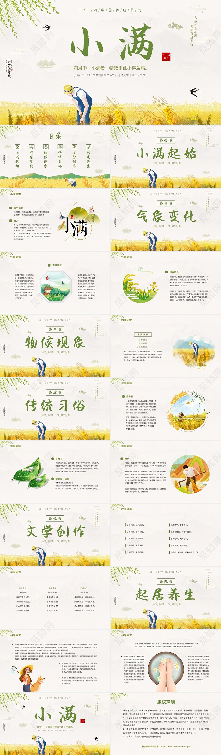 浅色简约中国风水彩插画小满二十四节气动态PPT