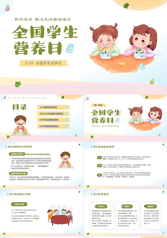 绿色清新卡通儿童全国学生营养日宣传主题班会PPT