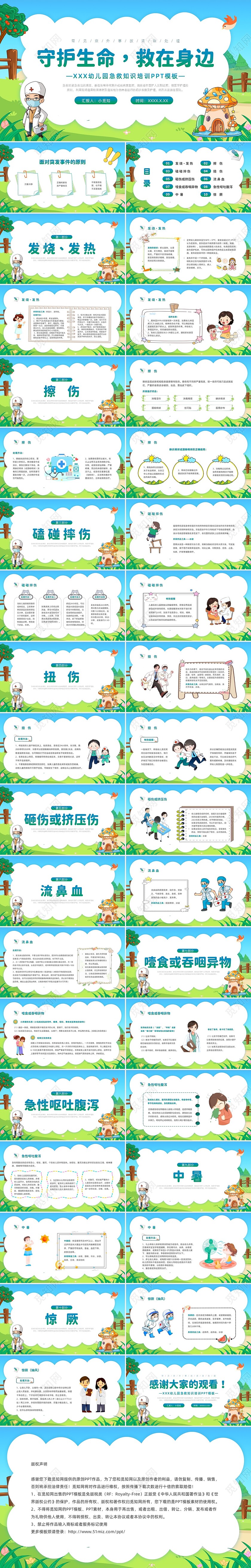 蓝色活力卡通幼儿园急救知识PPT模板安全教育