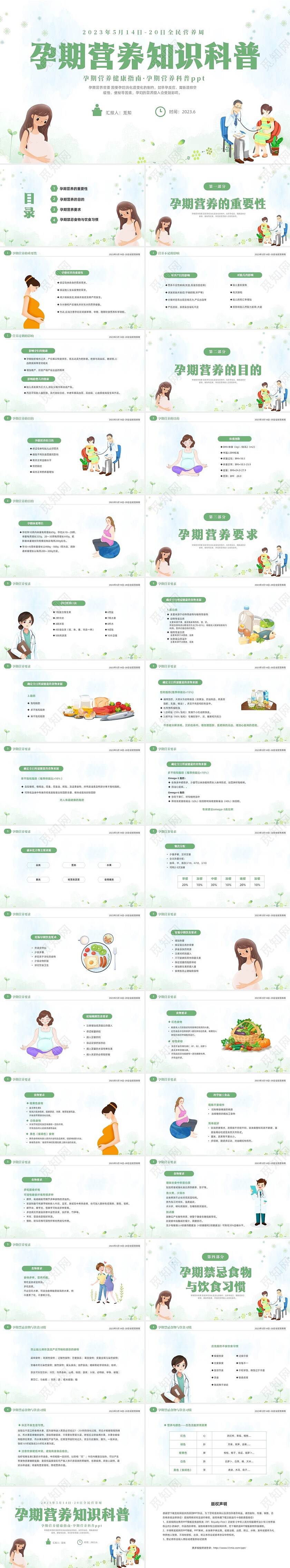 绿色清新淡雅孕期营养知识科普课件PPT全民营养周