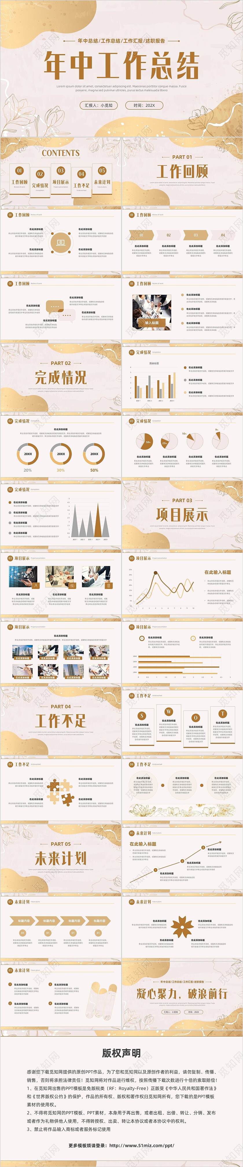 小清新花卉烫金风年中工作总结汇报年度总结PPT模板年中总结