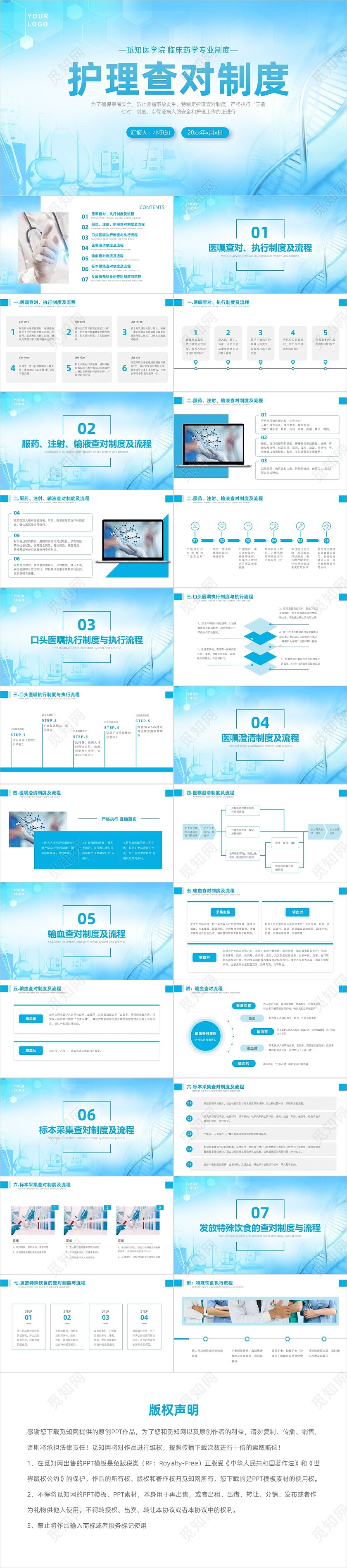 蓝色护理查对制度医疗健康简约商务工作总结个人述职PPT