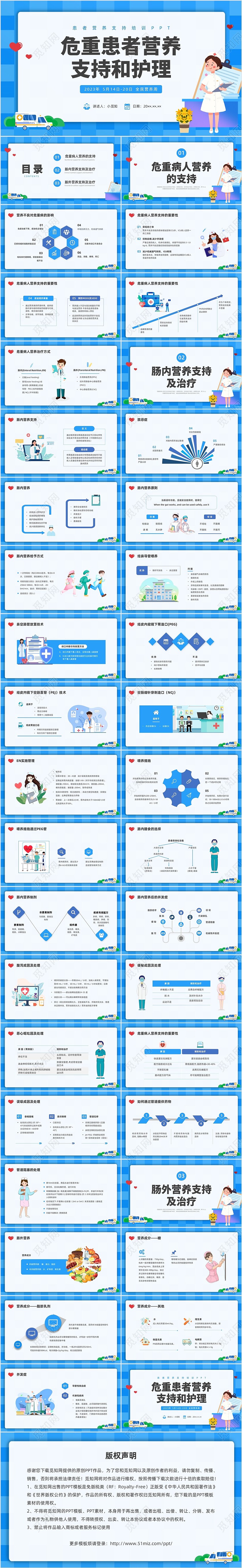 蓝色简约插画危重患者的营养支持和护理培训PPT全民营养周
