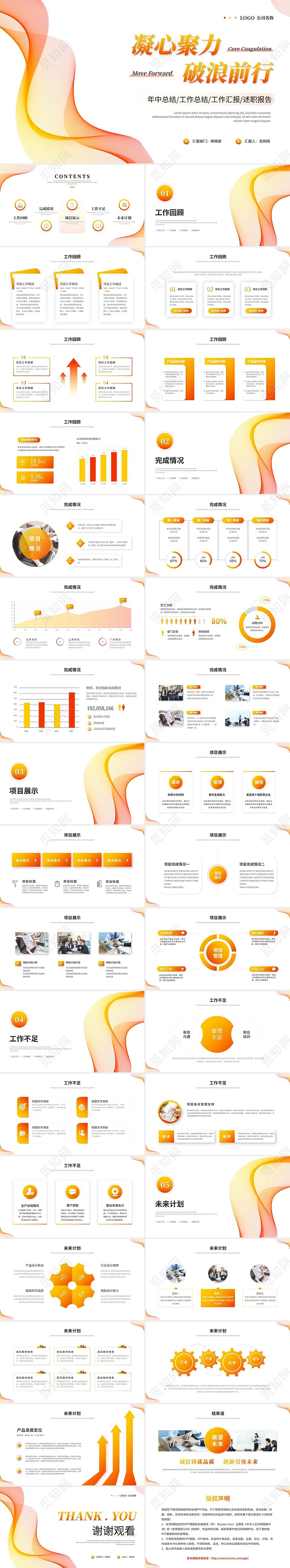 橙色活泼简约渐变线条年中总结年中工作总结述职报告ppt模板