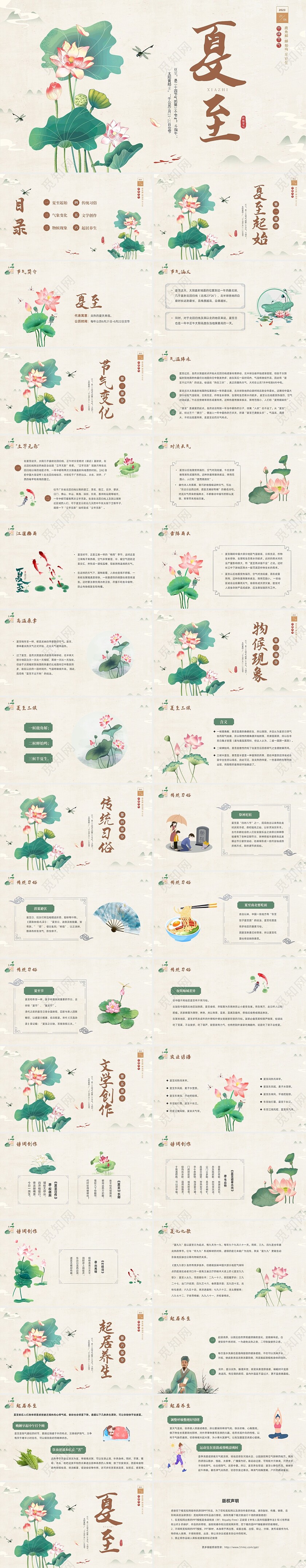 绿色淡雅中国风荷花荷叶中国二十四节气之夏至节气介绍PPT