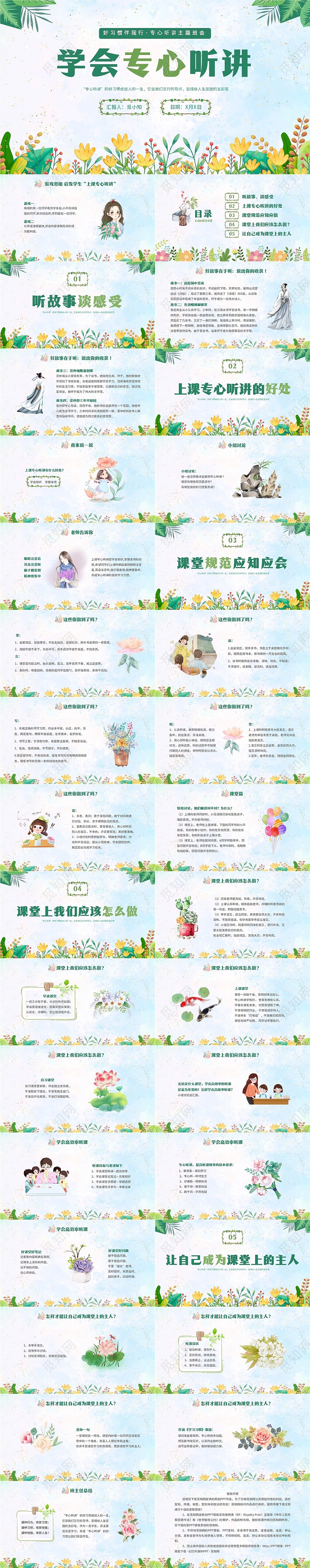 绿色水彩专心学会专心听讲主题班会学生PPT