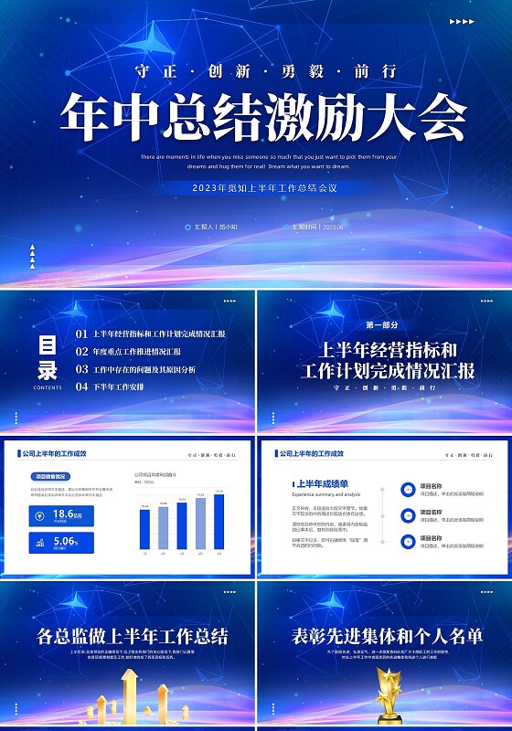 蓝色渐变科技视频年终工作总结激励大会PPT年中总结年会