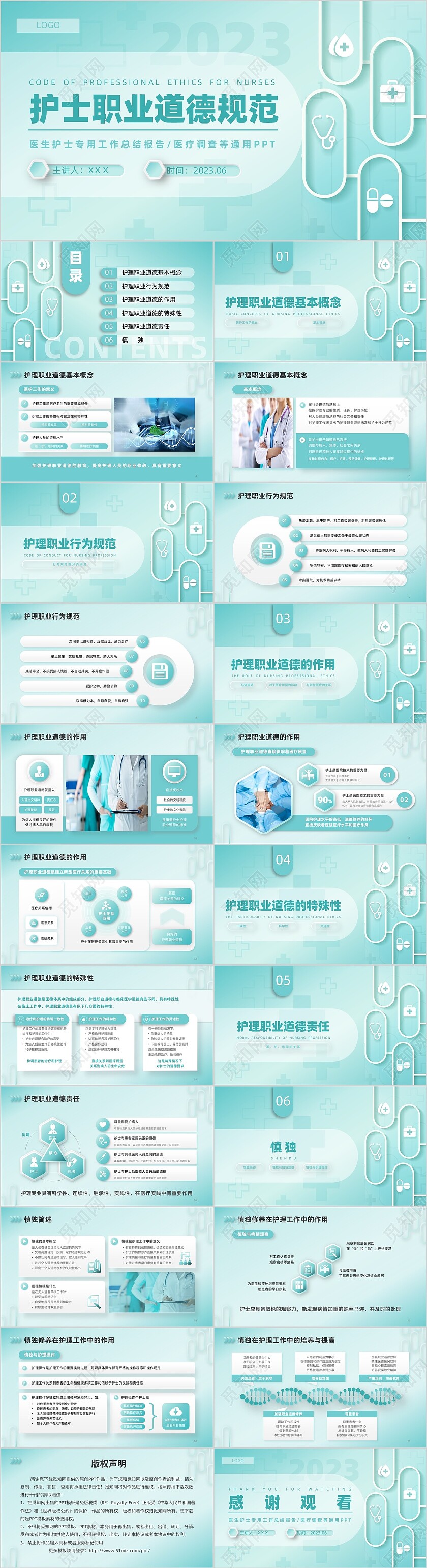 青色渐变微粒体医护护士职业道德规范培训PPT模版