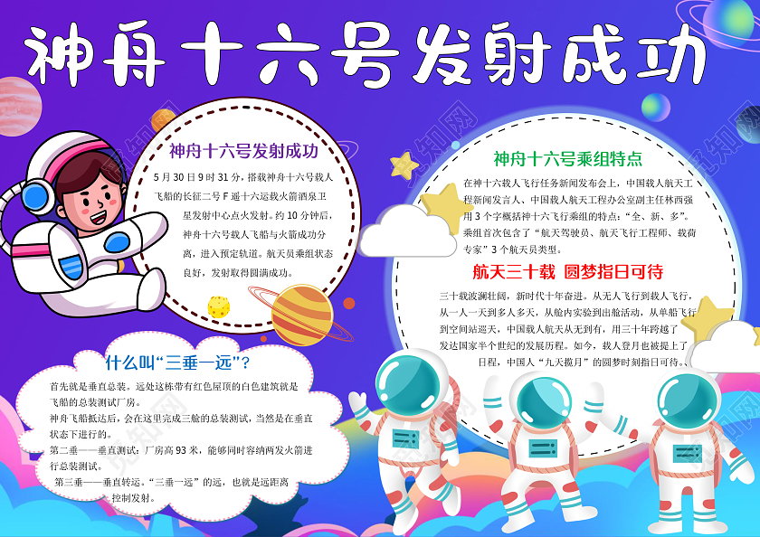 蓝色卡通神舟十六号发射成功小报手抄报航天