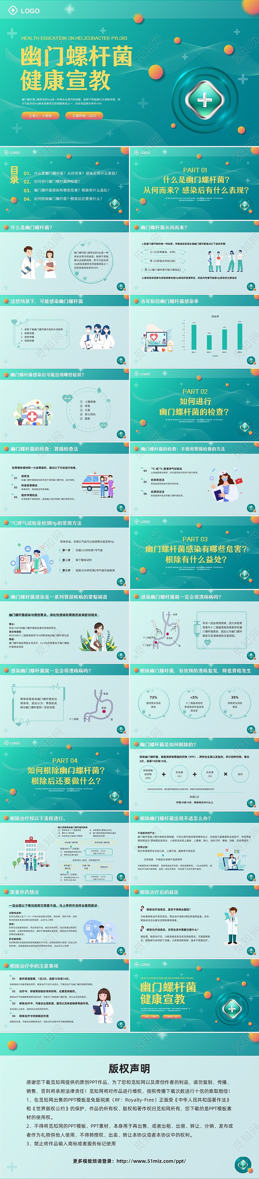 绿色卡通幽门螺杆菌健康宣教PPT模板宣传PPT动态PPT