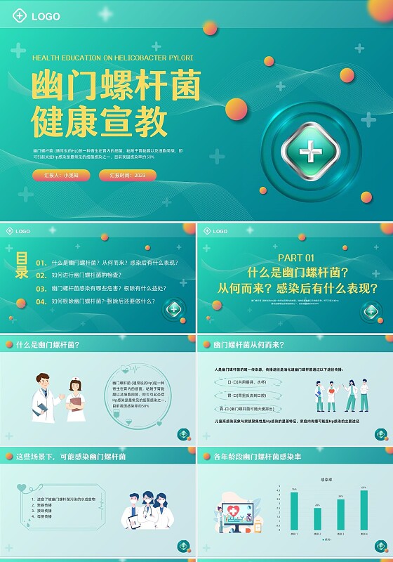 绿色卡通幽门螺杆菌健康宣教PPT模板宣传PPT动态PPT