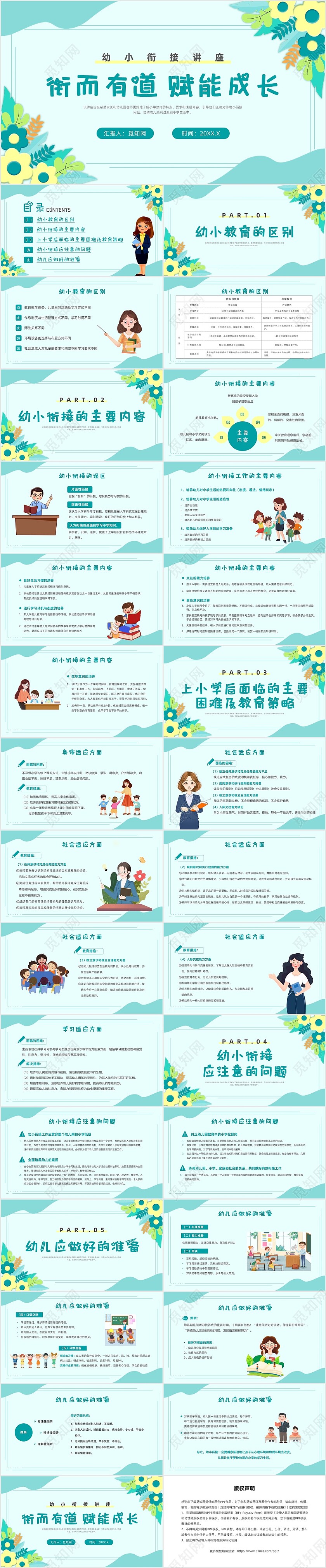 蓝绿色清新花卉风幼小衔接讲座课件