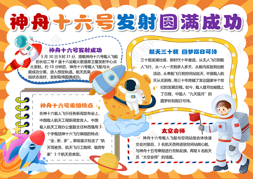 橙色射线卡通神舟十六号发射圆满成功小报手抄报航天