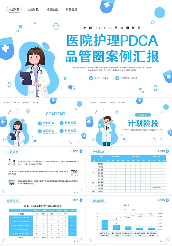蓝色卡通医院护理PDCA品管圈案例汇报PPT模板动态PPT宣pdca