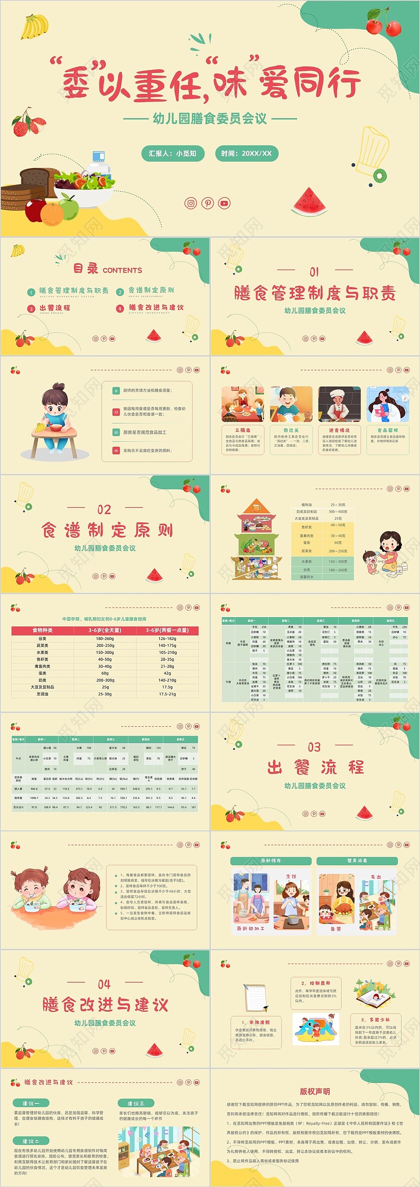 黄色卡通插画幼儿园膳食委员会会议主题班会通用PPT饮食健康膳食