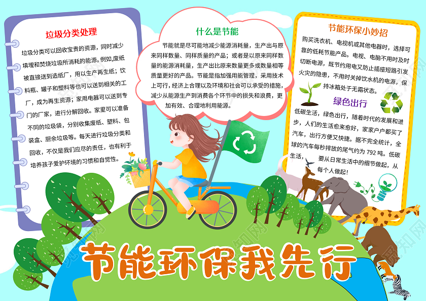 蓝色卡通节能环保我先行小报手抄报节能宣传周