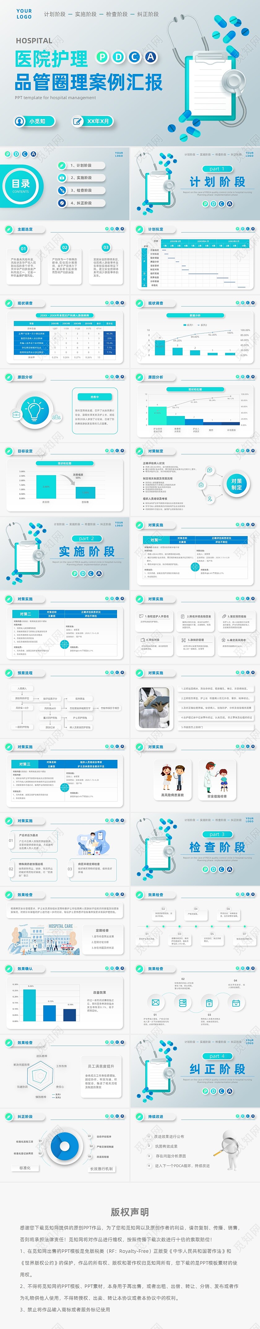 蓝色微立体医院护理PDCA品管圈案例汇报PPT模板动态pdca