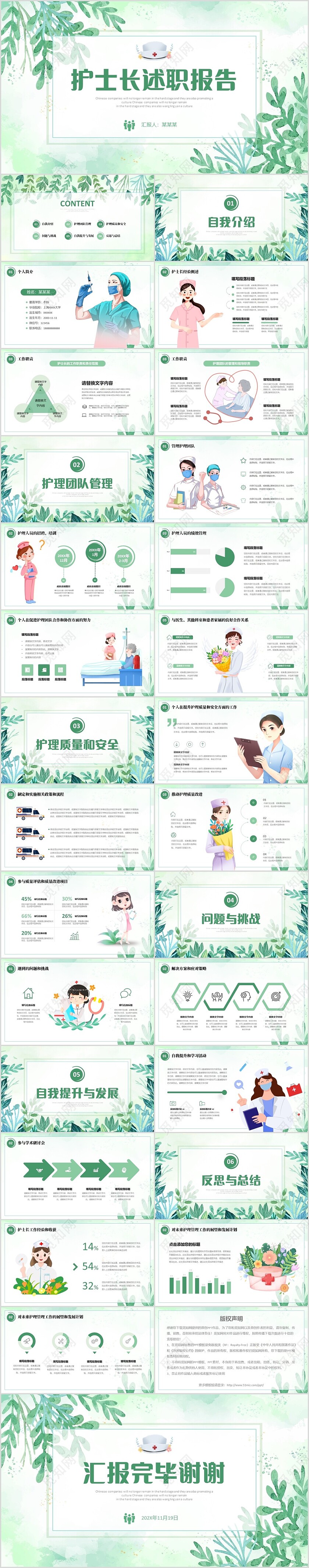 小清新风水彩花卉绿植护士长述职报告PPT