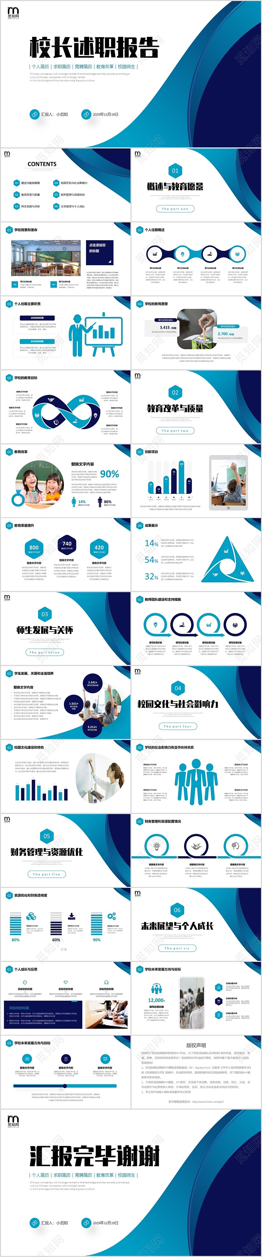 蓝色简约形状校长述职报告PPT