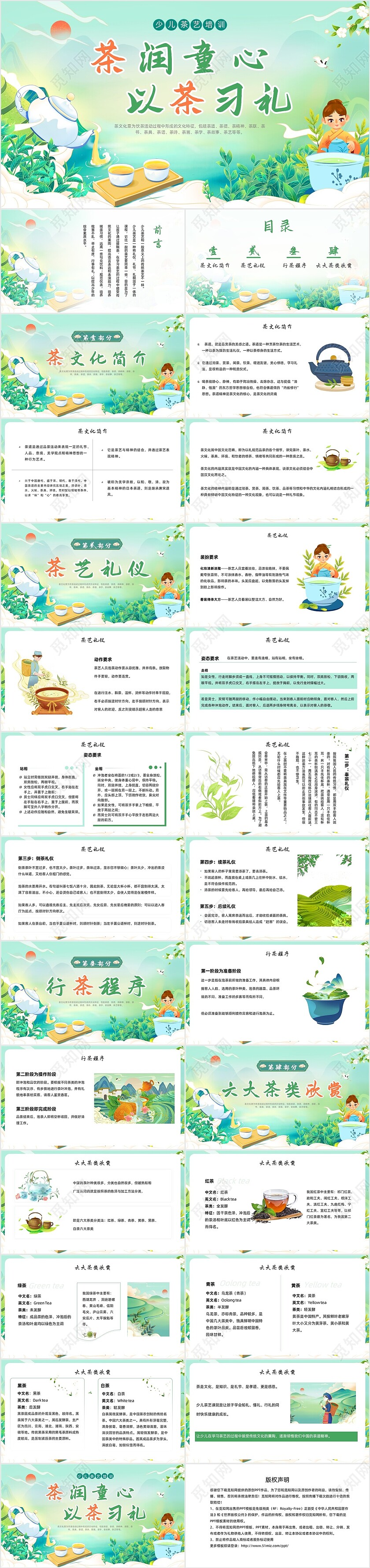 绿色国潮风少儿茶艺培训课件员工培训ppt