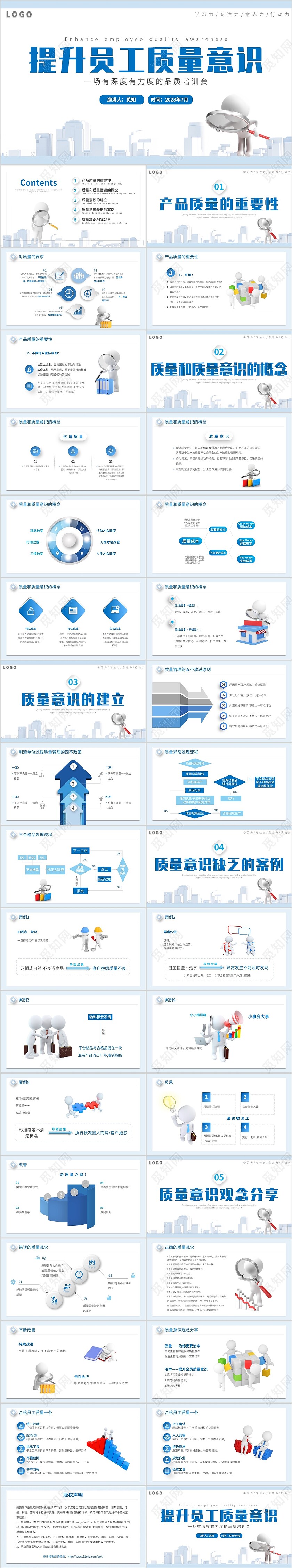 2023简约放大镜3D小人风企业公司员工质量意识会议培训模板