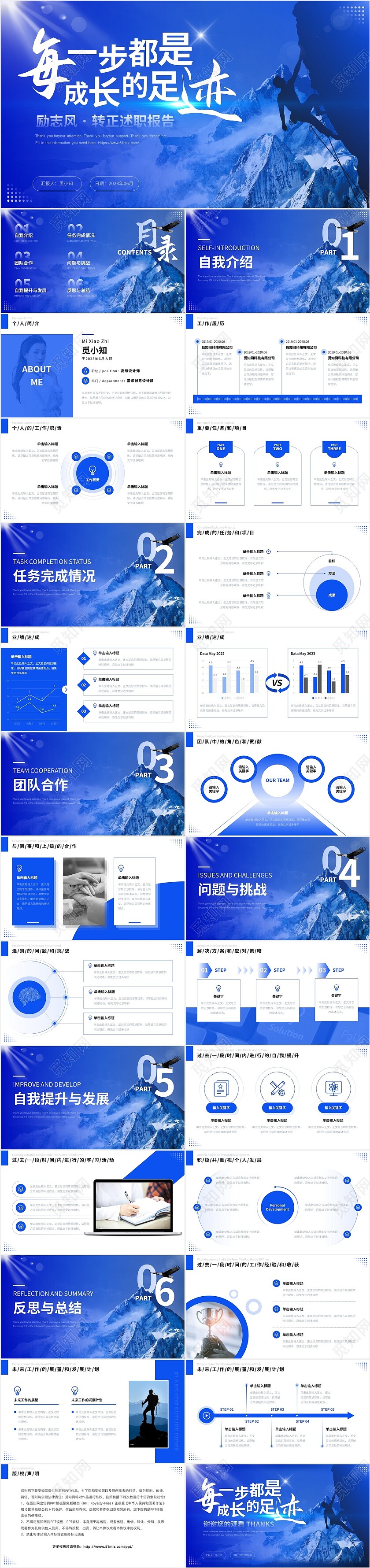 蓝色大气稳重励志风每一步都是成长的足迹转正述职报告PPT模板