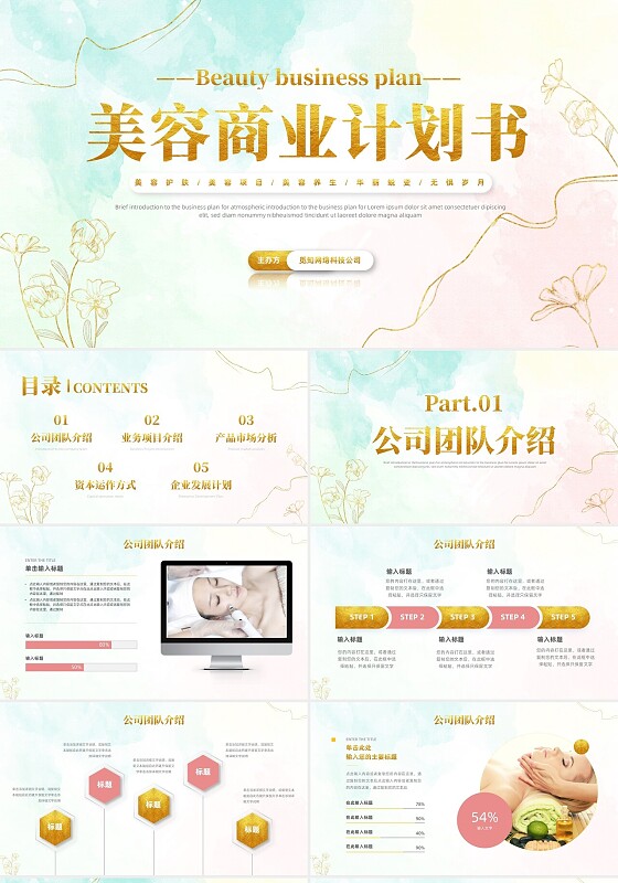 小清新风鎏金线条花卉美容医美行业招商项目汇报医美商业计划书