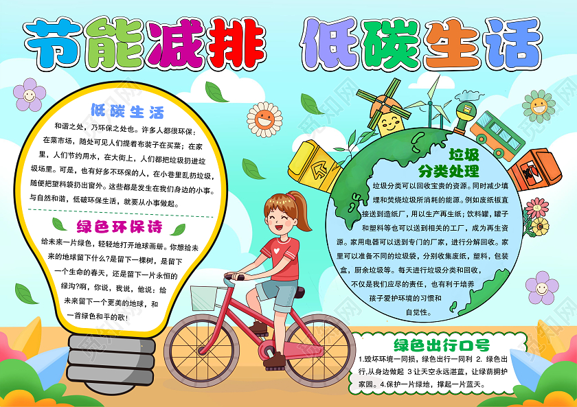 手绘风格节能减排低碳生活小报手抄报节能宣传周