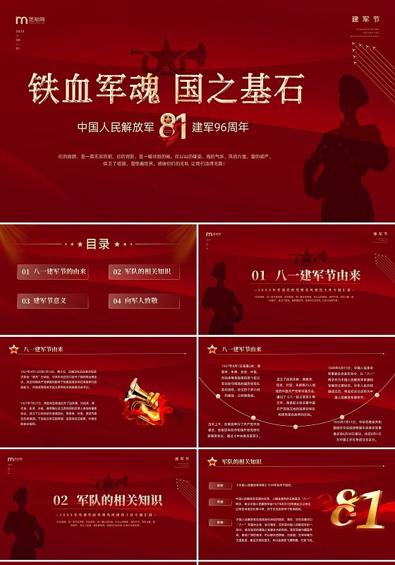 红色简约大气党政党建党课军人八一建军节动态PPT