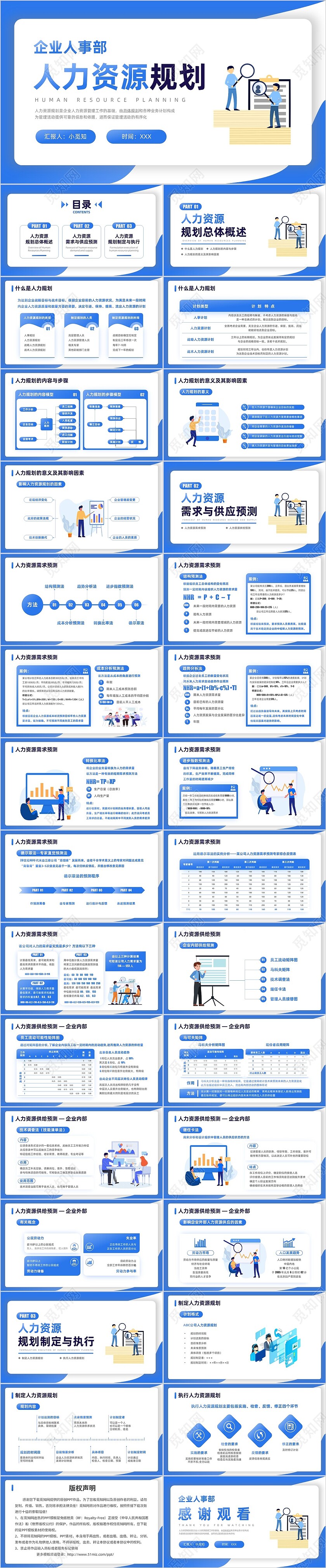 蓝色渐变扁平插画商务人力资源规划PPT模板职业规划