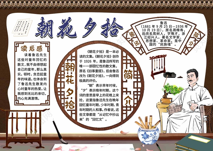 棕色边框古风朝花夕拾读书小报古风小报手抄报好书推荐