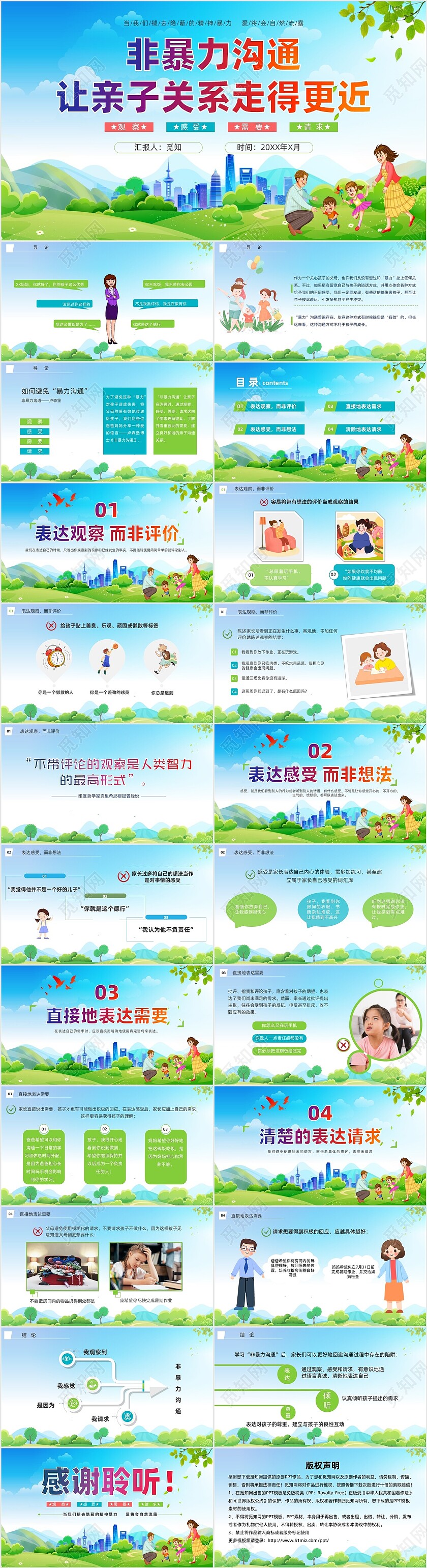 蓝色清新展板大自然亲子非暴力沟通培训PPT课件