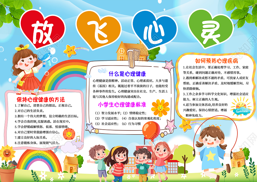 浅色卡通放飞心灵健康成长心理健康手抄报卡通小报手抄报