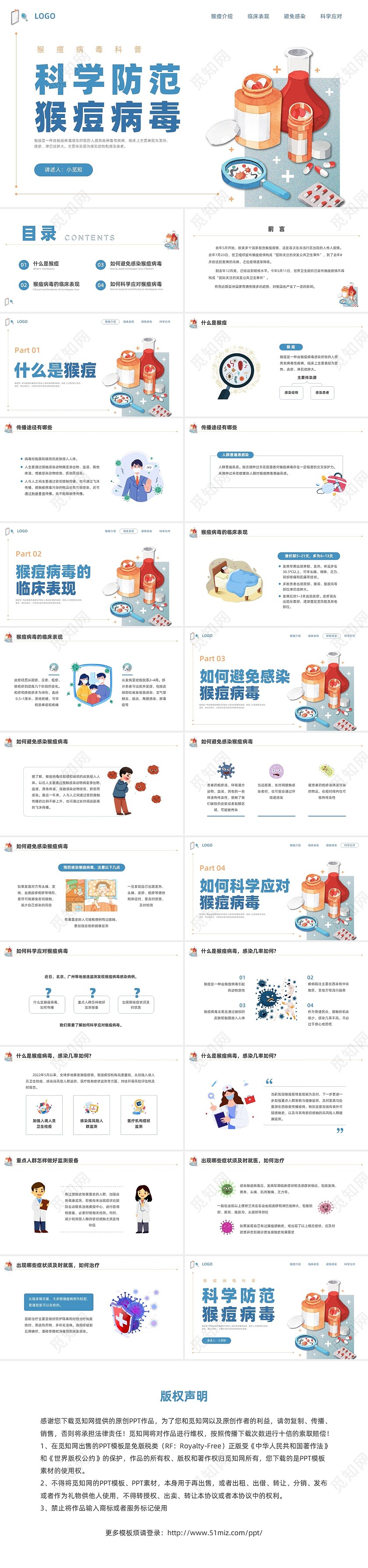 蓝色水彩简约插画猴痘传染病预防宣传PPT