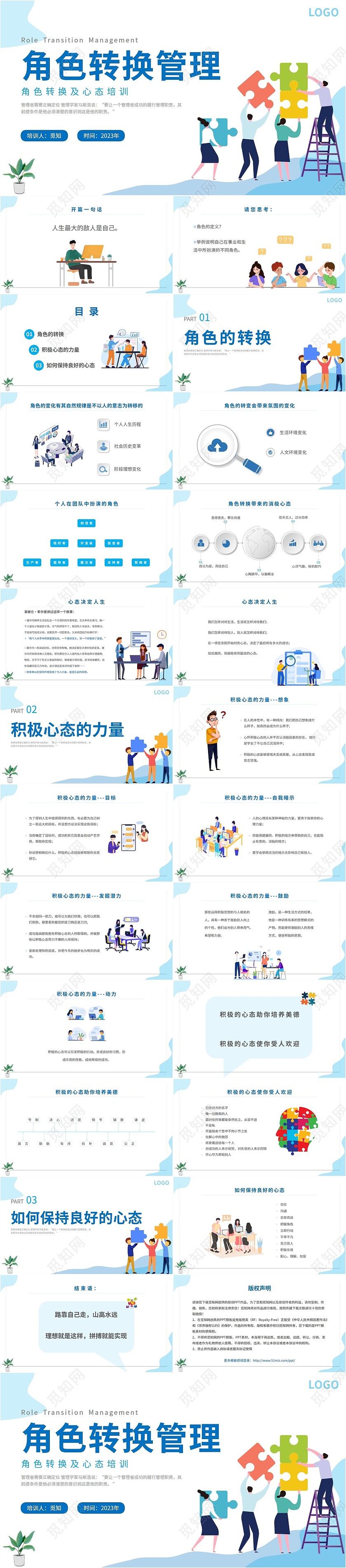 2023蓝色扁平人物插画公司企业单位角色转换管理心态培训模板