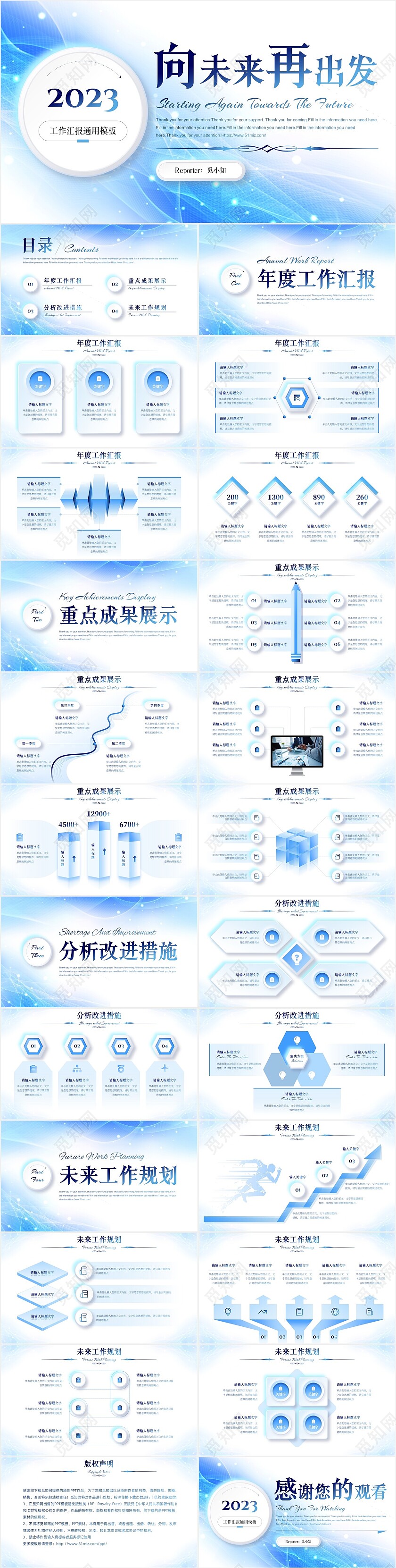 蓝色简约清新科技大气微粒体向未来再出发工作汇报通用PPT模板工作总结