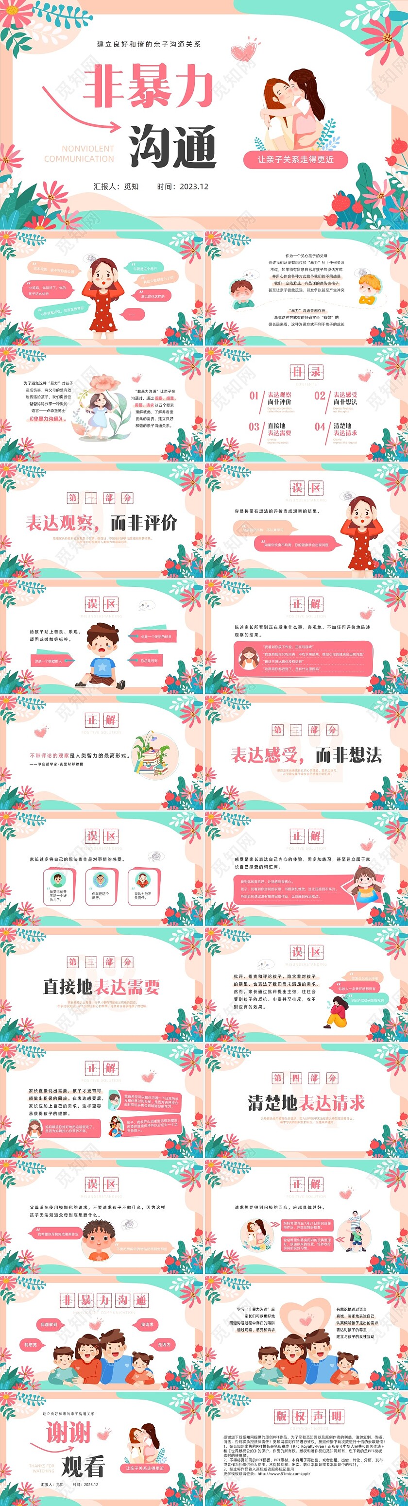 粉色小清新亲子非暴力沟通培训PPT课件