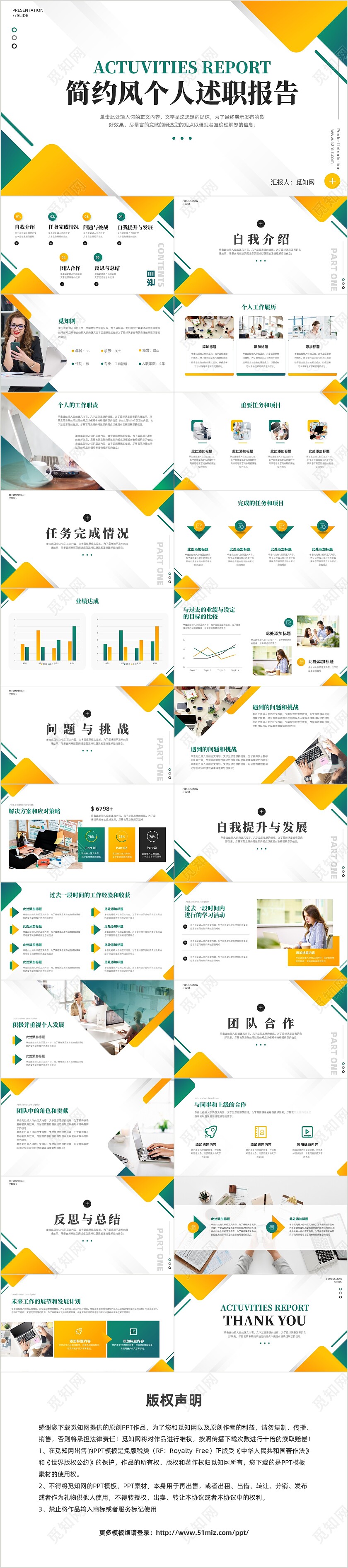 黄绿色简约风个人述职报告竞聘演讲PPT模板