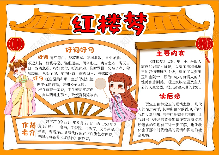 手绘边框背景橙色红楼梦读书小报手抄报读书分享好书推荐