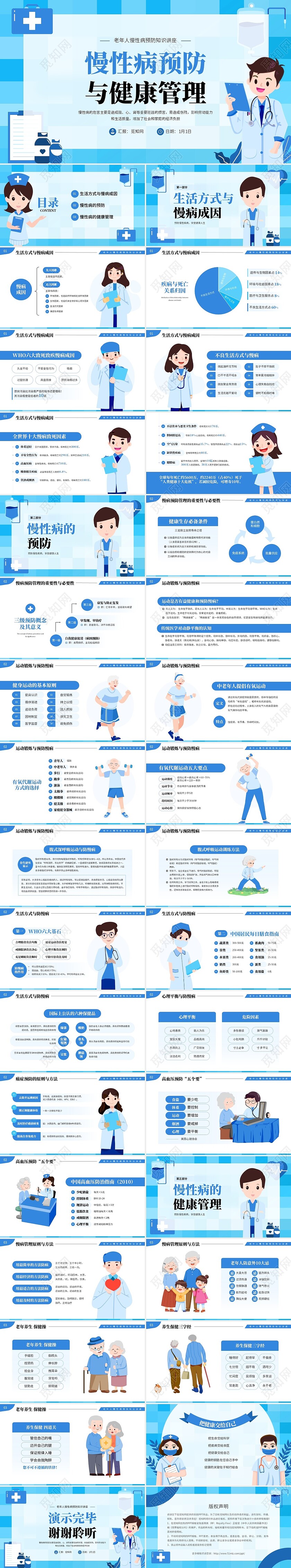 蓝色插画风中老年慢性病预防与健康管理知识培训讲座PPT