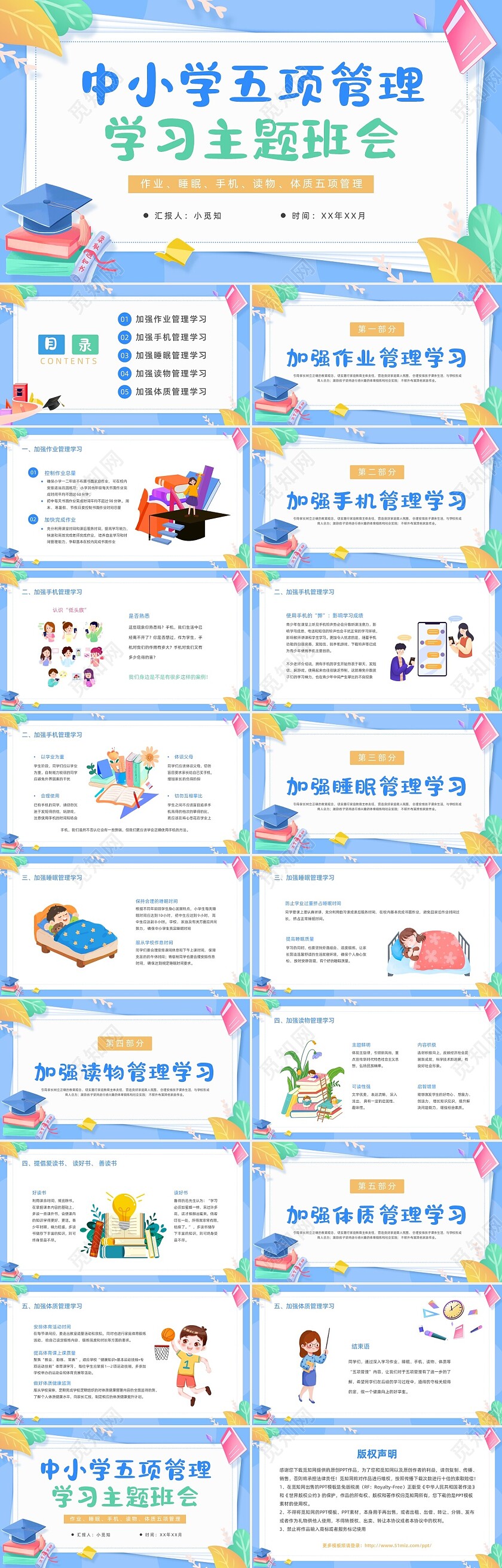 蓝色清新卡通边框中小学五项管理学习主题班会动态PPT培训