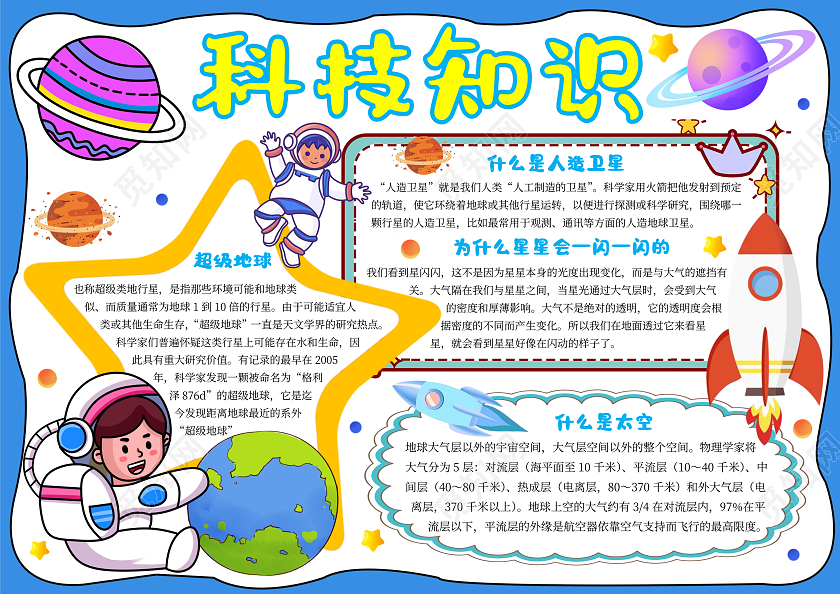 蓝色边框手绘科技知识小报手抄报卡通小报手抄报