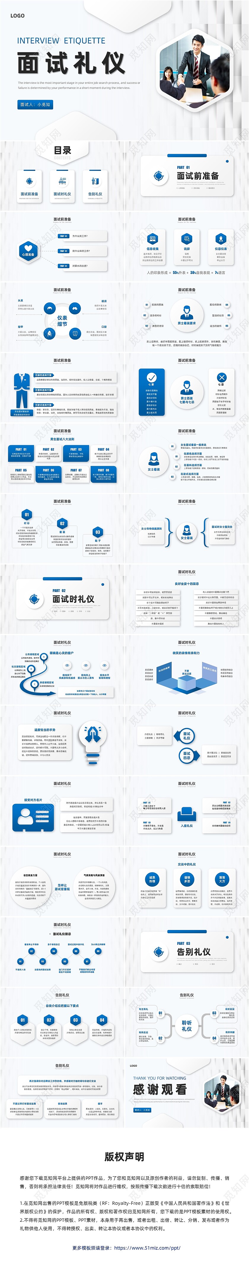 蓝色微粒体面试礼仪培训PPT模板面试技巧面试